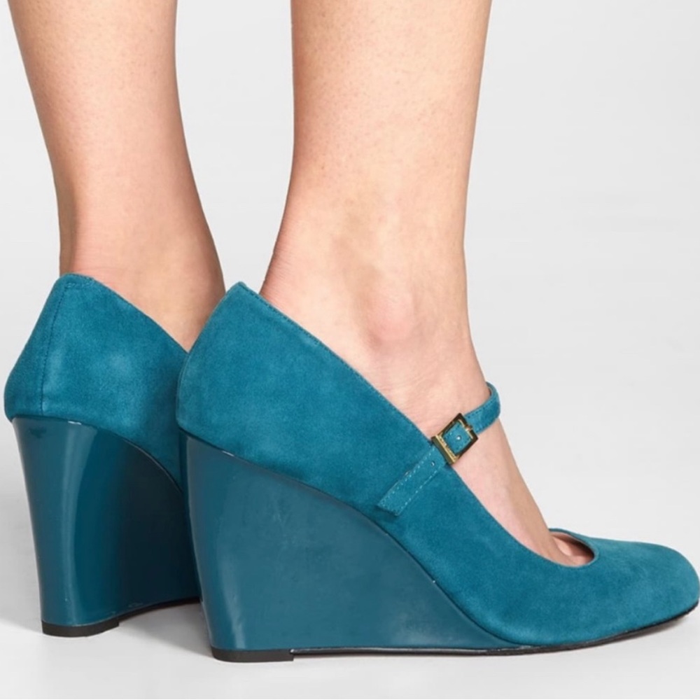 NEW Vince Camuto Magie teal blue leather wedge dressy Mary Jane heels size 7